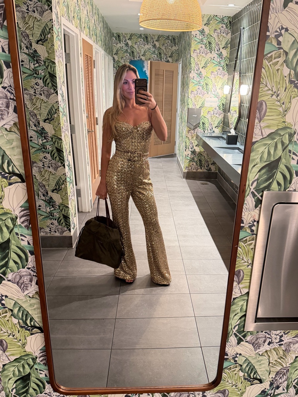 NADINE MERABI Gold Sequin Strap Jumpsuit